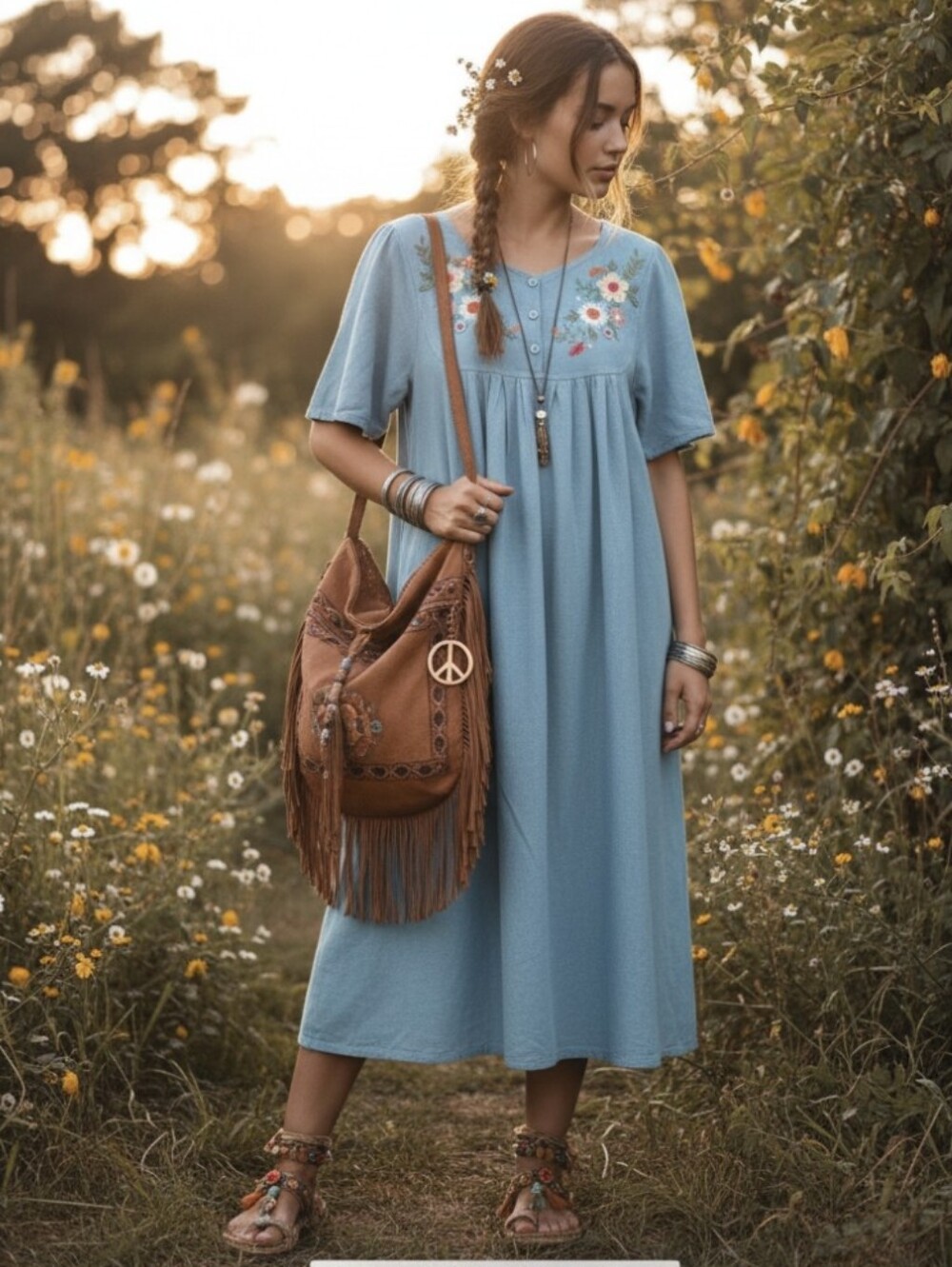 Vintage Denim Dress with Floral Embroidery